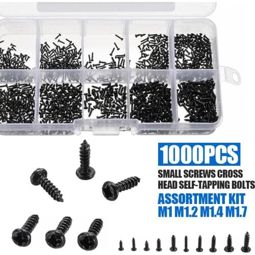 1000pcs Black Round Cross Head Steel Small Flat Countersunk Head Cross M1/M1.2/M1.4/M1.7 Pan Head Self Tapping Wood Screw Set