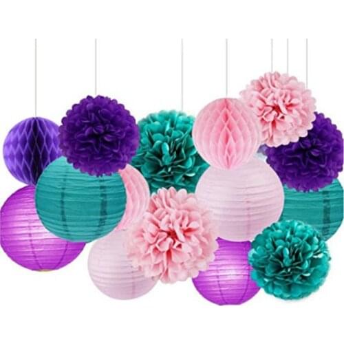 15pcs Purple Teal Pink Paper Pom Pom Paper Lanterns for Bridal Shower Wedding Birthday Little Mermaid Party Decorations