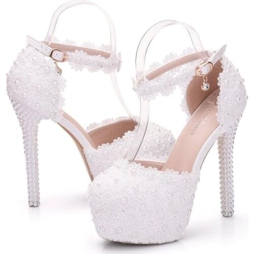 2020 Sexy Lace Floral Women Bridal Shoes Pumps Fashion Pearl High Heel 14CM Platform Shoes Round Toe Ladies Party Shoes Wedding