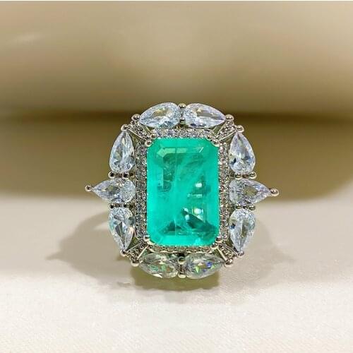 2021 Luxury 8*12M Emerald Paraiba Tourmaline Gemstone Flower Design Adjustable Rings For Women Birthday Fine Jewelry Gifts