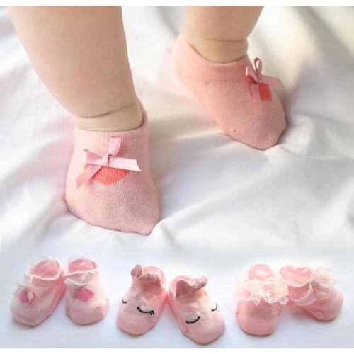 Baby Socks Newborn Cotton Non-Slip Girls Room Socks Shoes Three-dimensional Cartoon Bow Lace Foot Socks