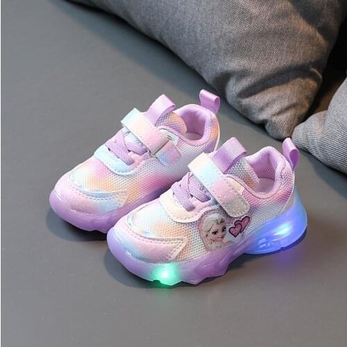 Disney Frozen Elsa Kids Shoes For Baby Girls Light Children Luminous Baby Sneakers Mesh Sport Girls Led Light Shoes
