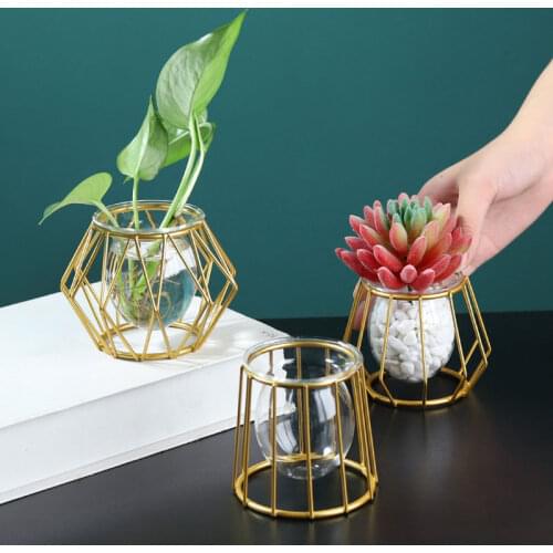 Geometric Iron Line Flowers Vase Terrarium Simple Retro Metal Plant Holder Modern Home Decor Nordic Hydroponic Wrought Iron Vase