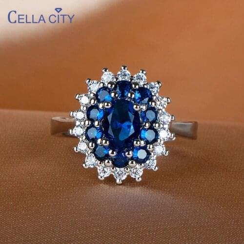 Cellacity Trendy Female Silver 925 Jewelry Womens Ring with Blue Gemstones Sapphire Flower Opening Rings for Anniversary Party
