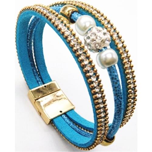 Pearl Beads Blue Purple Multilayer Statement Trendy Leather Bracelets Women Fashion Girl Cuff Bangle Female Jewelry geometric