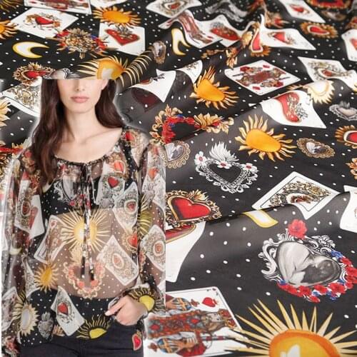 145cm Width Fashion Poker Heart Printed Thin Transparent Chiffon Fabric for Woman Girl Summer Long Dress DIY Sewing