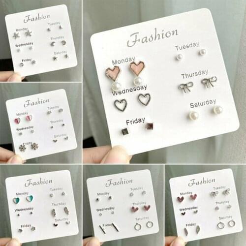 Fashion Stud Earrings Set For Women Statement Heart Star Snowflake Flower Crystal Pearl One Week Minimalist Set of Earrings Gift