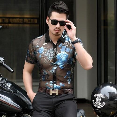 2019 Mens Summer Hollow Floral Printed Dress Shirt Sexy Male See Through Fashion Printing Shirt Short Sleeve