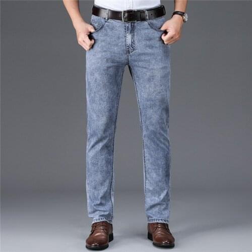 2021 Tencel Mens Jeans Spring Summer Thin Straight Casual Pants Stretch Slim Mens Jeans Grey