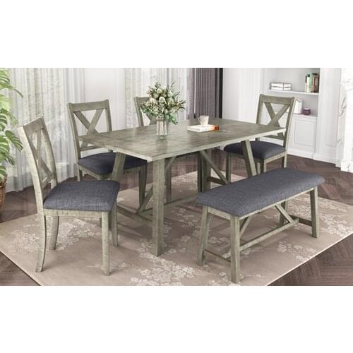 6 Piece Dining Table Set Wood Dining Table and chair Kitchen Table Set with Table, Bench and 4 Chairs