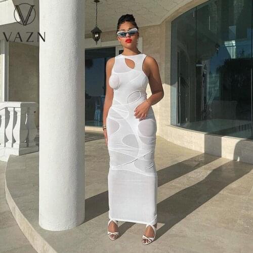 VAZN New 2021 Sleeveless Black White Color Beach Solid Boho Beach Holiday Dress Sexy Regular Dress Women Elegant Fashion Dress