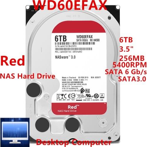 New HDD For WD Brand Red 6TB 3.5" SATA 6 Gb/s 256MB 5400RPM For Internal Hard Disk For NAS Hard Drive For WD60EFAX