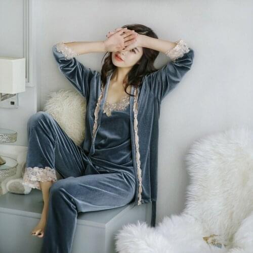 Sexy Women Velour Pajamas Set Lady Strap Top Pants Sleepwear Home Wear Three Piece Nightgown Kimono Robe Bath Gown Nightdress