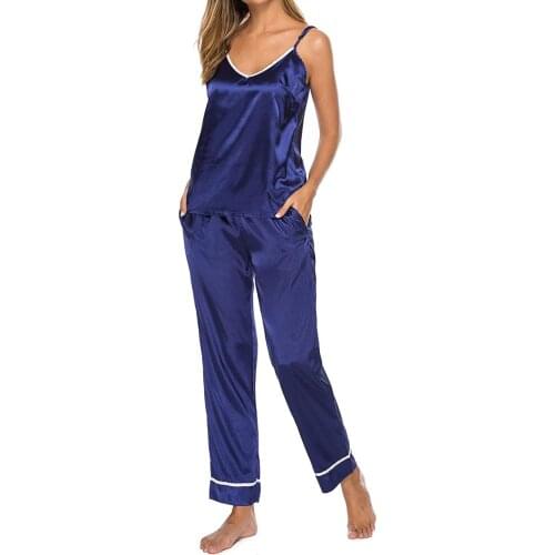 Women Full Length Sleepwear Women Pajama Sets Sleeveless Strap Nightwear Lace Trim Satin Cami Top Home Suit Femme Comfortable