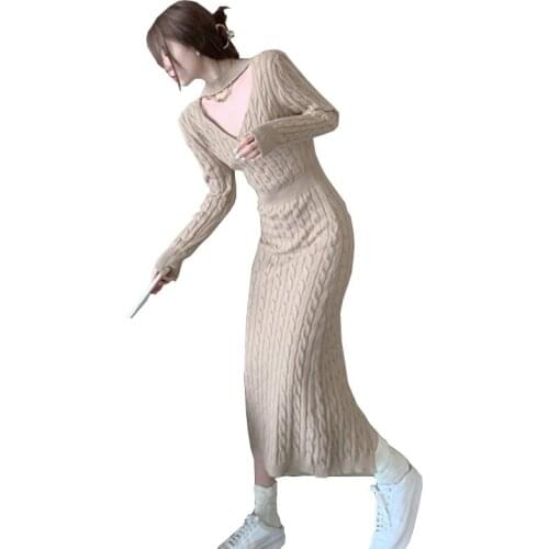 Two-sided Twist Thicke Dottoming Elasticity Sweater Dress Feminine Halter Winter Mid-length Bag hip Knitted Women dresses OK627