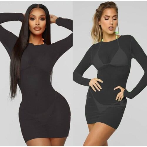 Perspective Crop Tops Woman Dress Sheer Mesh See-through Women Dress Long Sleeve Casual Clubwear Mini Dress Kobieta Sukienka