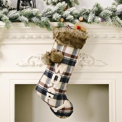 Christmas Stocking Christmas Decorations Fur Collar with Ball Plaid Printing Letter Dog Paw Seeds Pendant New Year Gift Bags