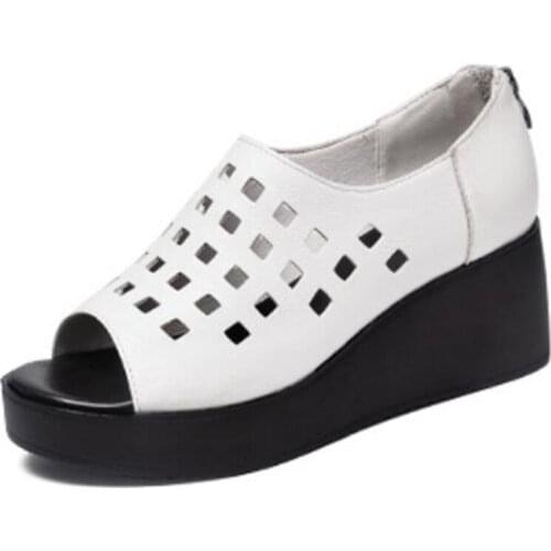 2021 New Summer Genuine Leather Hollow Hole Shoes Fish Mouth Sandals Women Trend Sandals Comfort Light Summer Heighten Sandals