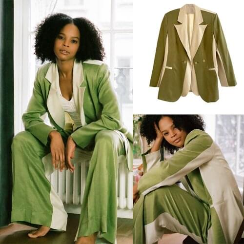 Streetwear Women Suits Loose 2 Color Patchwork Trendy Avocado Green Blazer Wedding Daily Fashion Casual 2 Pieces Jacket