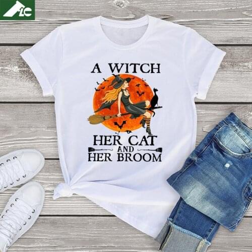 A Witch Her Cat and Her Broom Womens T Shirts Off White Unisex Halloween Gifts Kawaii Witch Graphic T Shirts Women Clothes Tops