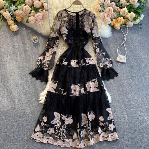 Womens Spring Autumn Runway Fashion Long Sleeve Black Embroidery Mesh Dress Female Travel Chic Party Dress TB082