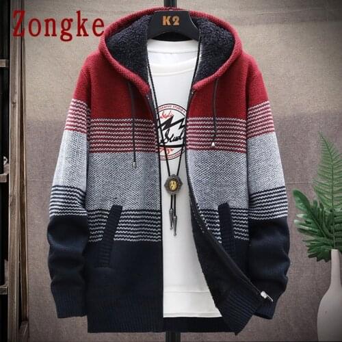 Zongke Striped Hooded Cardigan Men Clothing Winter Knitted Cardigan Sweater Men Coat Mens Sweaters Clothes M-3XL 2021