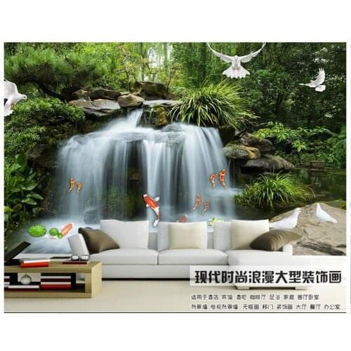 3D wallpaper custom 3d wall murals wallpaper Landscape mural Waterfall carp lotus pigeon background wall decorative wallpaper