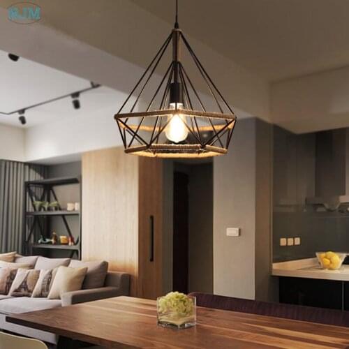 American Retro Pendant Lights Creative Diamond Hemp Rope Iron Pendant Lamps for Clothing Shop Bar Restaurant Living Room Cafe