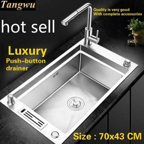 Free shipping Hot sell high-end kitchen manual sink single trough push-button drainer food grade 304 stainless steel 70x43 CM
