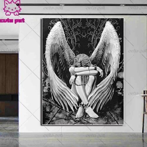 5D Full Square Diamond DIY Diamond Painting black and white Angel wing Wall Sticker Embroidery Cross Stitch Rhinestone Mosaic
