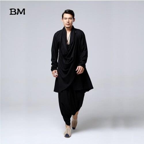Buddhist Meditation Mens Tops Traditional Clothing Chinese Kung Fu Set Cotton Linen Blouse Elastic Waist Pants Loose Shirt Men
