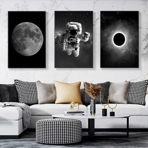 Black and White Astronaut and Moon Painting Poster and Prints Space Wall Art Pictures for Living Room Decor