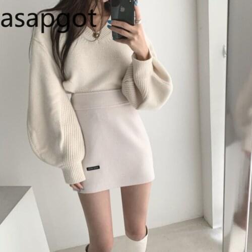 Korean Chic Elegant V-neck Back Lace Up Irregular Lantern Sleeve Knitted Sweater High Waist Bag Hip Skirt Women Fashion Casual
