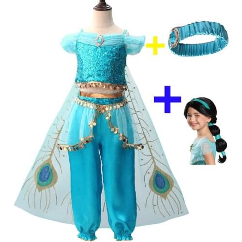 Girls Princess Jasmine Cosplay Costume Movie Aladdin Princess Kid Halloween Cosplay Costume Carnival Fancy Outfit Top Pants Suit