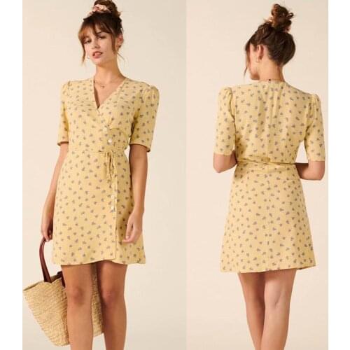 Europe and America2021Summer new printed dress VCollar breasted lace-up skirt