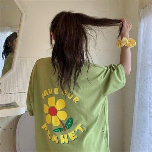 Summer Short-Sleeved Flower Print Girly t-Shirt Fun Cute Girly Summer Loose Casual Oversized All-Match Blouse