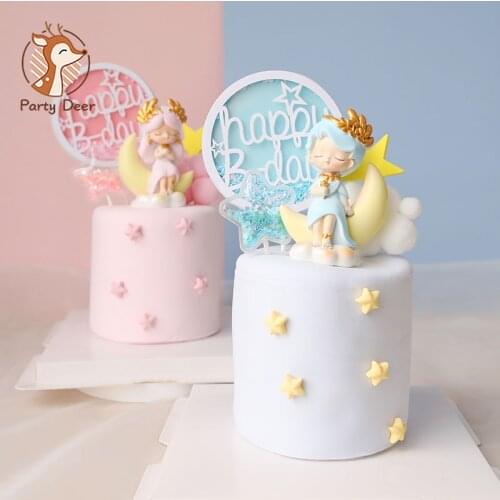 Midsummer Star Moon Pink girl Blue boy Happy Birthday Children Cake Topper Decoration for Party Supplies Baking Lovely Gifts