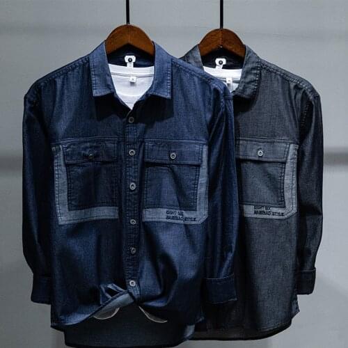 Mens long-sleeved solid denim shirt fashion brand Classic retro denim Pocket decoration Business shirt Spring and Autumn Tops
