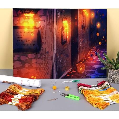 Scenery Street Pre-Printed 11CT Cross-Stitch Set DIY Embroidery DMC Threads Needlework Craft Sewing Handiwork Jewelry Gift