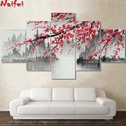 New 5d diamond painting 5 Panel Chinese Style Plum Wall Art Picture diamond mosaic full square round drill diamond embroidery