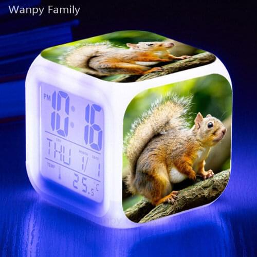 Cute Squirrel alarm clock 7 color glowing LED digital clock big screen luminous electronic watch for childrens birthday gifts
