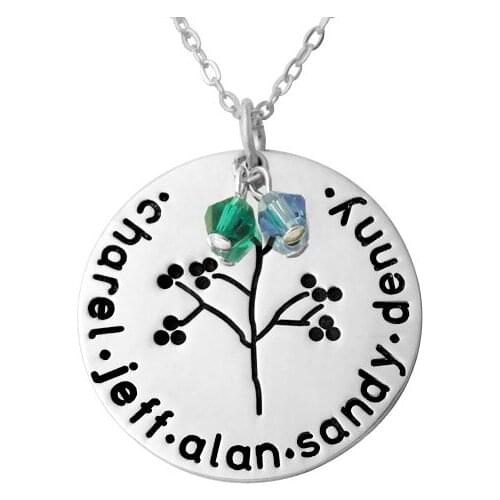 Personalised alloy family names necklace,family tree charm,disc and birthstone pendant,mothers pendant