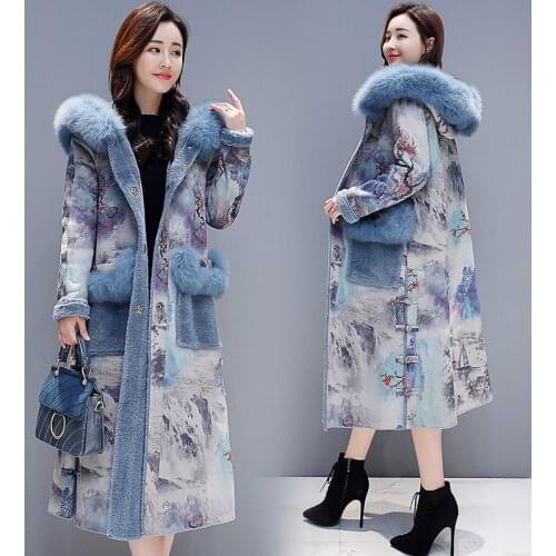 2019 Winter Retro Print Lambswool Jacket Coat Women Long Faux Fur Coat Female Hooded Warm Overcoat Womens Plus Velvet Thick Coat
