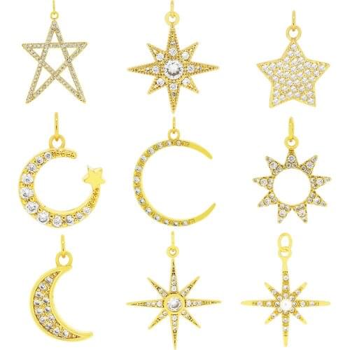 Copper Micro Zircon Star Moon Pendant DIY Jewelry Accessories Fittings Gold Plated Pentacle Crescent Crescent Pendant