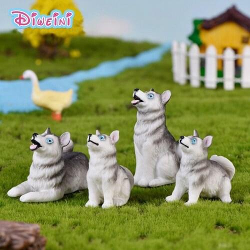 Grey Husky Little Fox Dog Action Figures Dollhouse Miniature Figurine Home Garden Dollhouse Decoration DIY Accessory Toy Gift