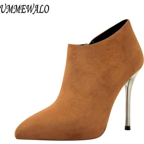 UMMEWALO Sexy Ankle Length Flock Boots Women Fashion Pointed Toe Thin Heels High Heel Shoes Winter Ankle Boots Ladies Shoes