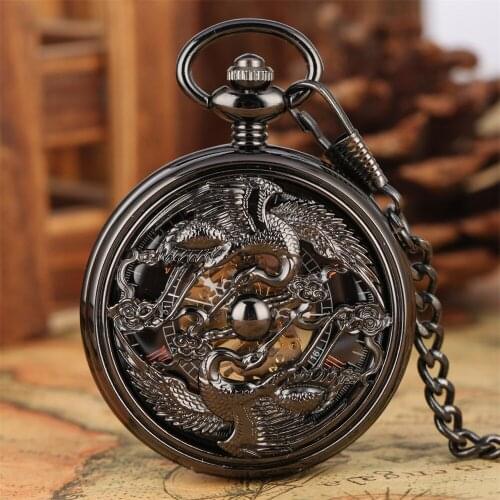 Steampunk Vintage Black Hollow Crane Mechanical Pocket Watch Men Elegant Retro Hand Winding Machinery Antique Chain Clock Gift