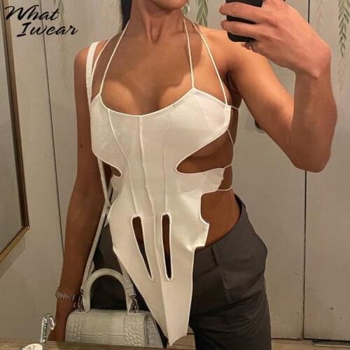 Whatiwear Elegant Ladies Y2K White Hollow Out Spaghetti Vest Beach Casual Holiday Women Sexy Backless 2021 Summer Crop Tank Tops