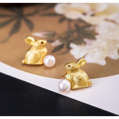 VLA Real 925 Silver Cute Creative Pearl Rabbit Earrings Womens Chinese Retro Animal Earrings Valentines Day Gift
