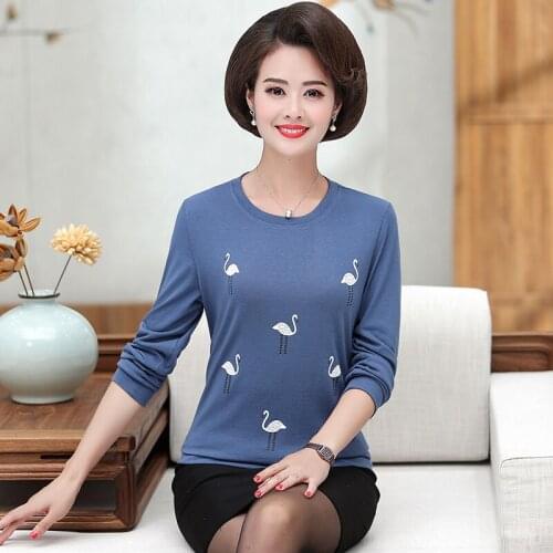 4XL 5XL Plus Size Women T-shirt Embroidery Clothing Spring Fall Tops Long Sleeve Middle Aged Mother Pullover Bottom Shirt